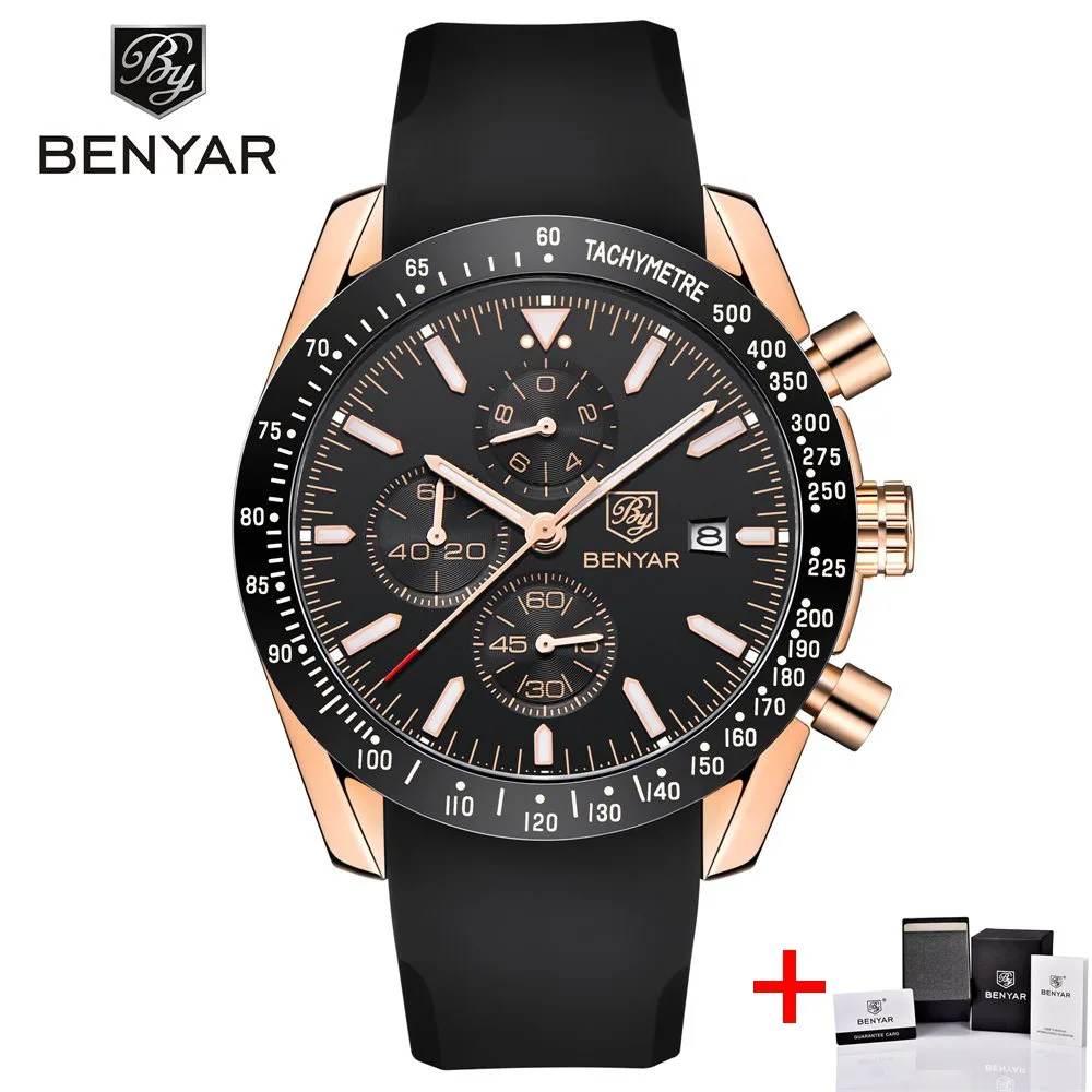 rose black with box Benyar Кварцевые спортивные часы-хронограф Для мужчин Водонепроницаемый часы люксовый бренд силиконовые Бизнес, мужские часы, мужские часы, наручные часы с механизмом, часы horloges - Цвет: rose black with box