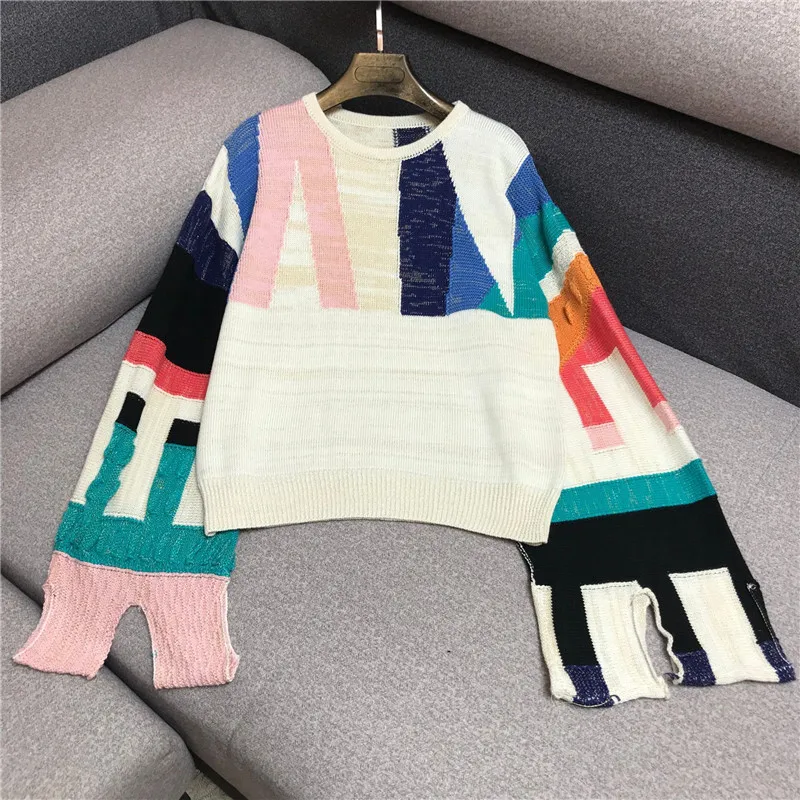 

Luxury Designer Brand Knitted Sweater for Women Geometric Color Matching Split Horn Long Sleeve Bright Silk Pullover Sweater