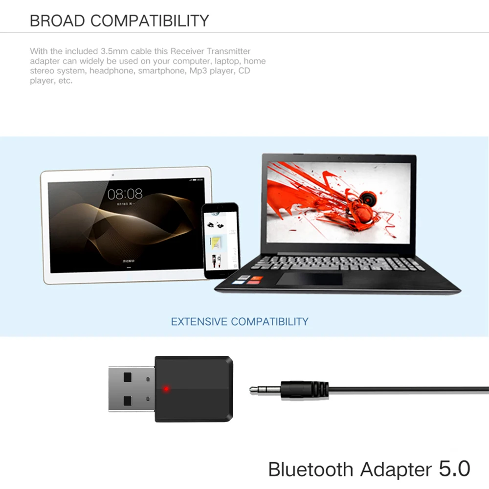 Kebidu Portable Bluetooth5.0 Receiver Transmitters USB Wireless Audio Music Stereo Dongle For TV PC Bluetooth Speaker Headphone |
