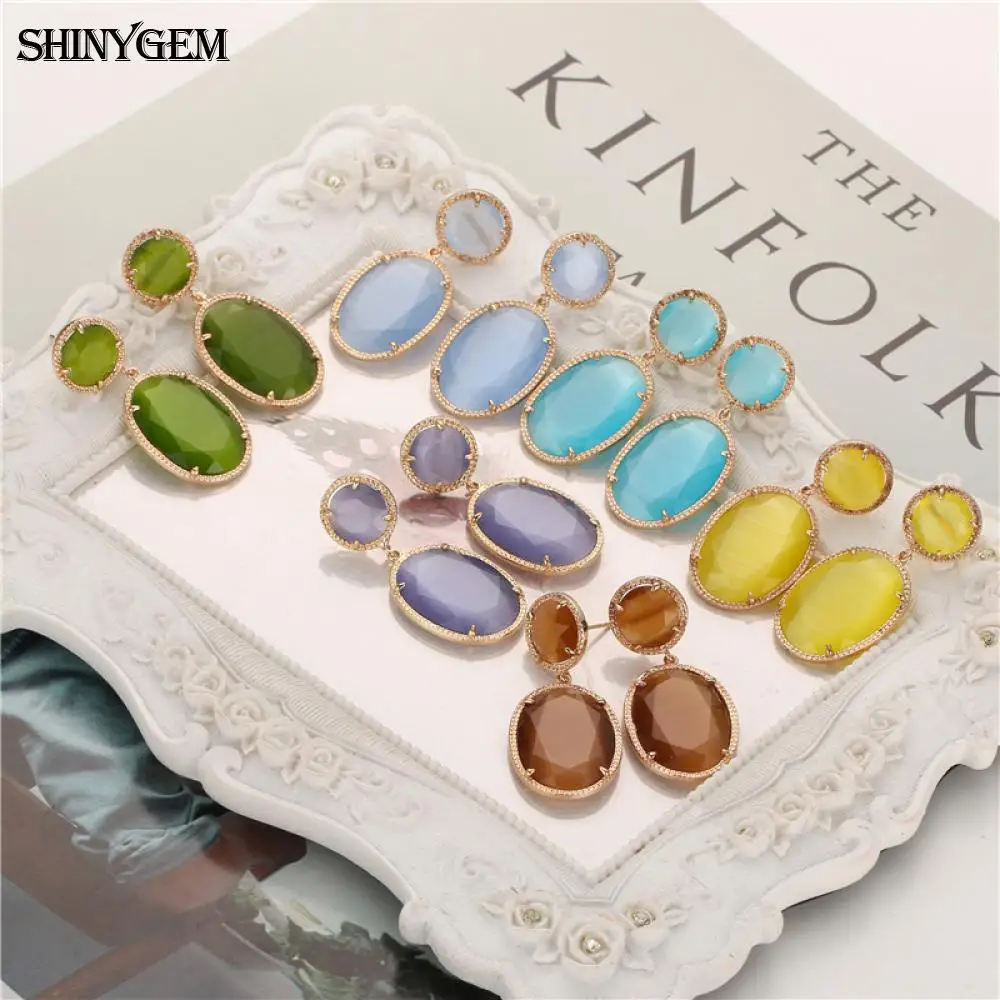ShinyGem 7 цветов кошачий глаз висячие серьги граненые большие стразы серьги с золотым покрытием Циркон Висячие серьги для женщин