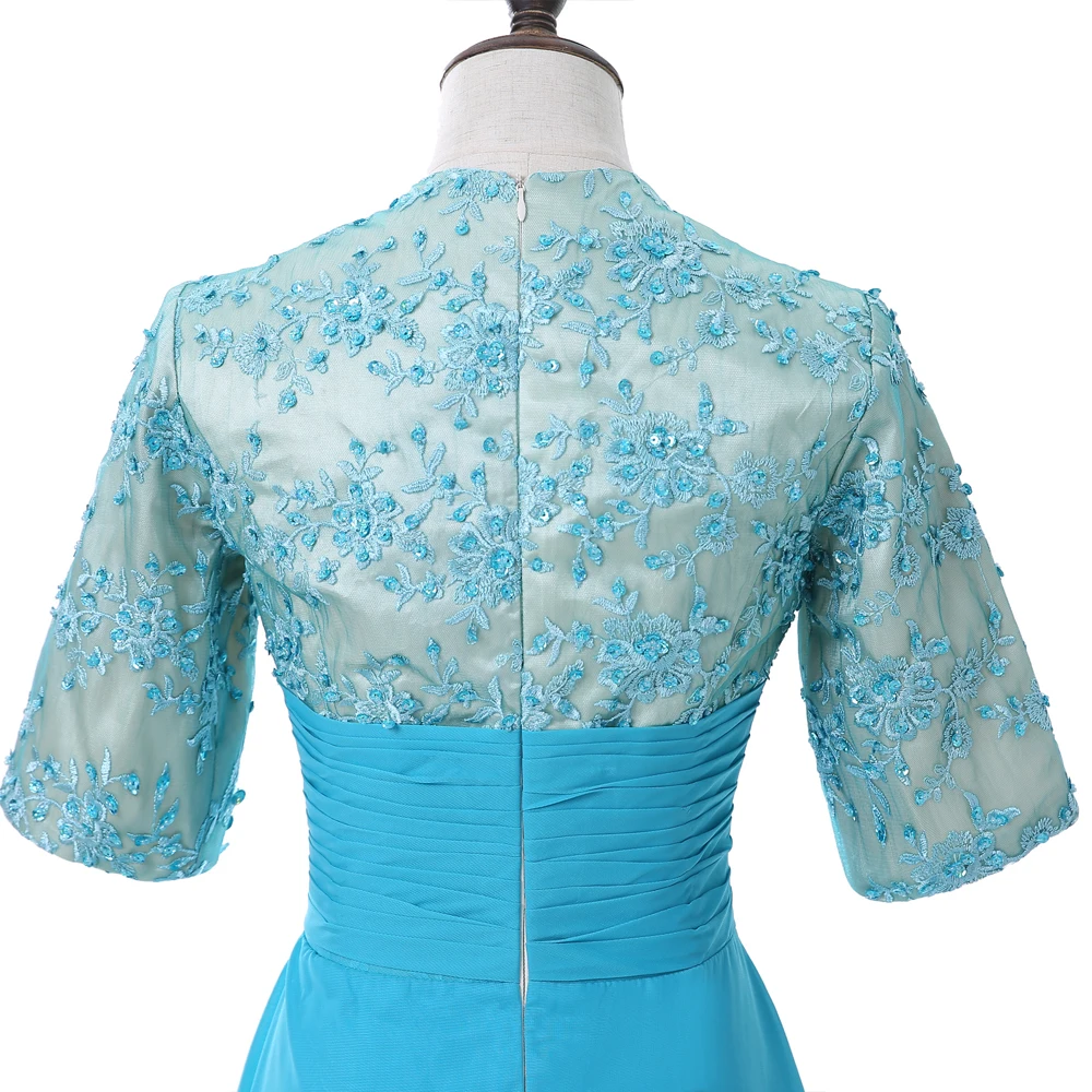 

Blue Evening Dresses A-line Short Sleeves Chiffon Lace Beaded Women Long Evening Gown Prom Dress Prom Gown Robe De Soiree