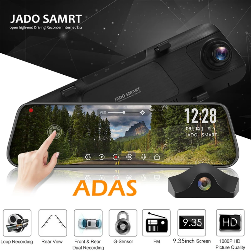 JADO A650 FHD 1080p Автомобильный видеорегистратор Камера 9,3" ips сенсорный экран зеркало заднего вида Dash Cam ADAS звездный свет; ночное зрение рекордер видеорегистратор авторегистратор