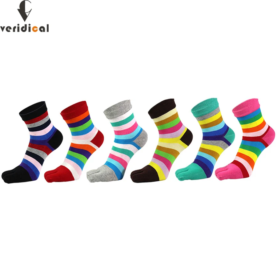 

Woman Five Finger Socks Pure Cotton Striped Rainbow Bright Color Street Fashion Young, Casual Harajuku Socks With Toes Hot Sell