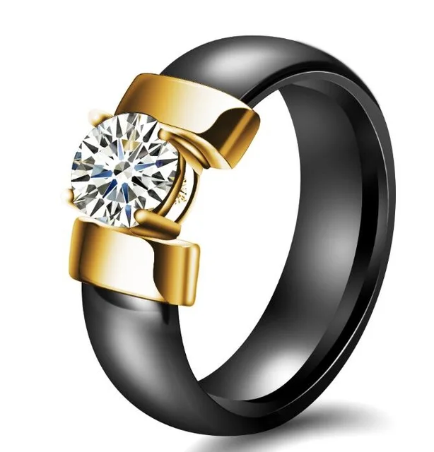 black and gold Белый Черный 6 мм керамические кольца плюс кубический цирконий для женщин золотой цвет из нержавеющей стали женские свадебные ювелирные изделия, обручальное кольцо - Цвет основного камня: black and gold