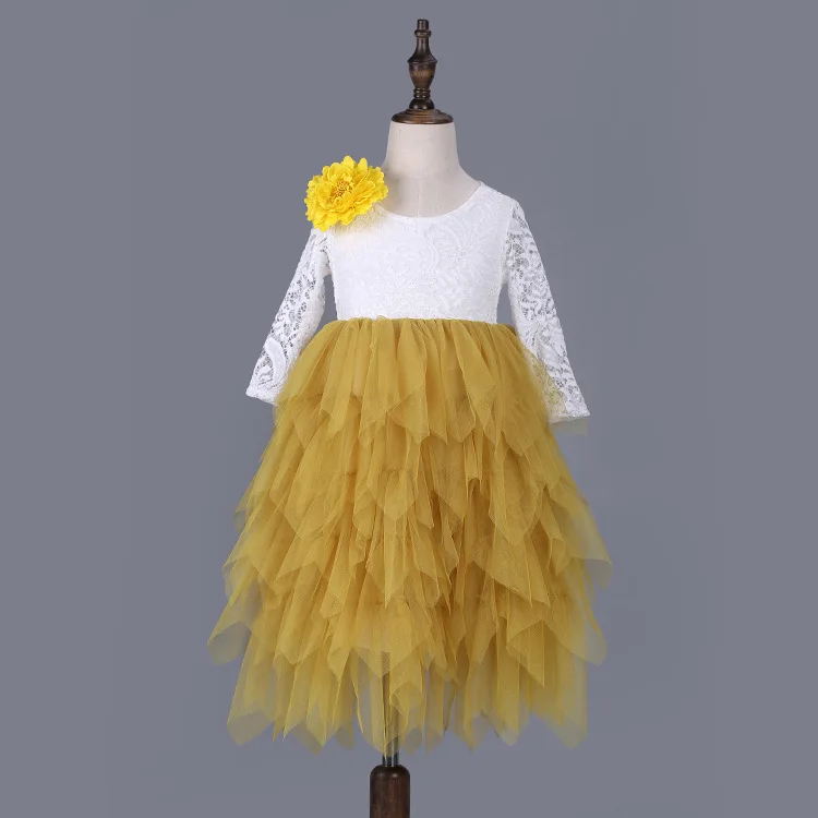 yellow ; экспресс-; сезон осень-От 1 до 8 лет; длинное кружевное платье для девочек; Макси-Платья принцессы для девочек; пышные костюмы для девочек на свадьбу и день рождения - Цвет: yellow