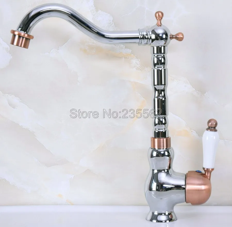 

Chrome Brass & Red Copper Bathroom Kitchen Basin Mixer Deck Mount Swivel Spout Hot & Cold Water Tap Faucet Lnf910