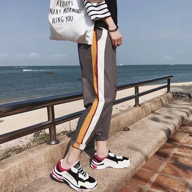 2018 Spring New Arrivals Men Fashion Loose Hit Color Black/khaki Casual Pants Elastic Waist Bound Feet Side Stripe Trousers Tide | Мужская