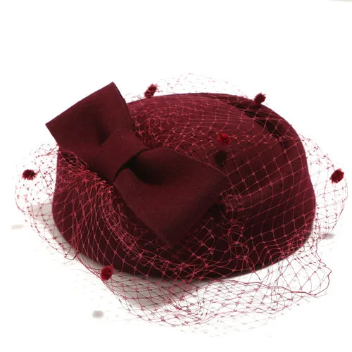 DEEP RED Ифэй Формальное леди шляпа Королевский Стиль Австралийский Шапки невесты элегантные шерсть марли лук авиакомпания стюардесса белый Для женщин Fedora шапки - Цвет: DEEP RED