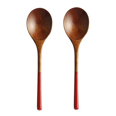 2pcs Red 2шт. Деревянные ложки, красная / черная ложка, японская стильная большая ложка для супа для риса, детская ложка, десертная ложка, ложка мороженого, ложка для кофе, деревянная посуда, кухонная утварь принадлежности - Цвет: 2pcs Red