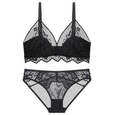 black sexy mousse half cup bra sets women underwear lace mesh deep V flower wireless young girl see through panties new black green - Цвет: black