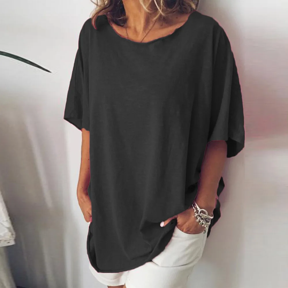 Большие размеры женские топы свободные однотонные повседневные с круглым