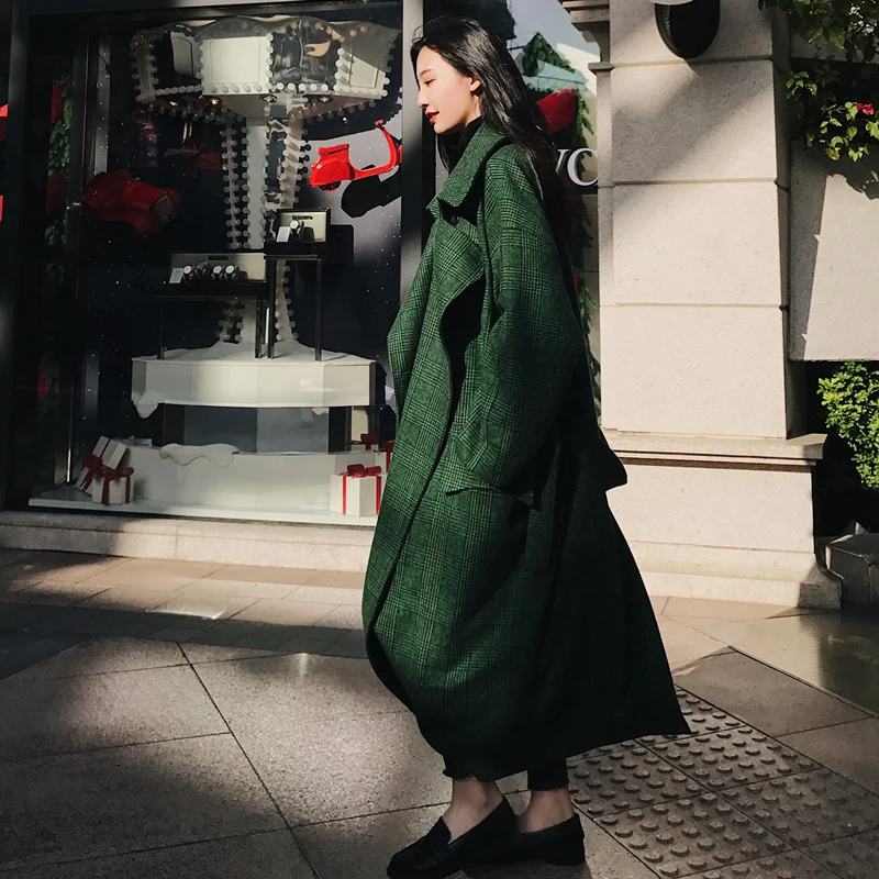 Женское двубортное пальто Notech длинное зеленое повседневное большого размера C790