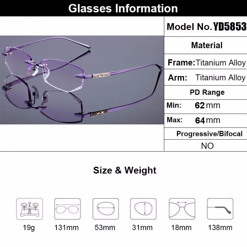 

Titanium Alloy Glasses Frame Original Brand Women Rimless Frames Diamond Trimming Cut Rimless Glasses With Gradient Tint Lenses