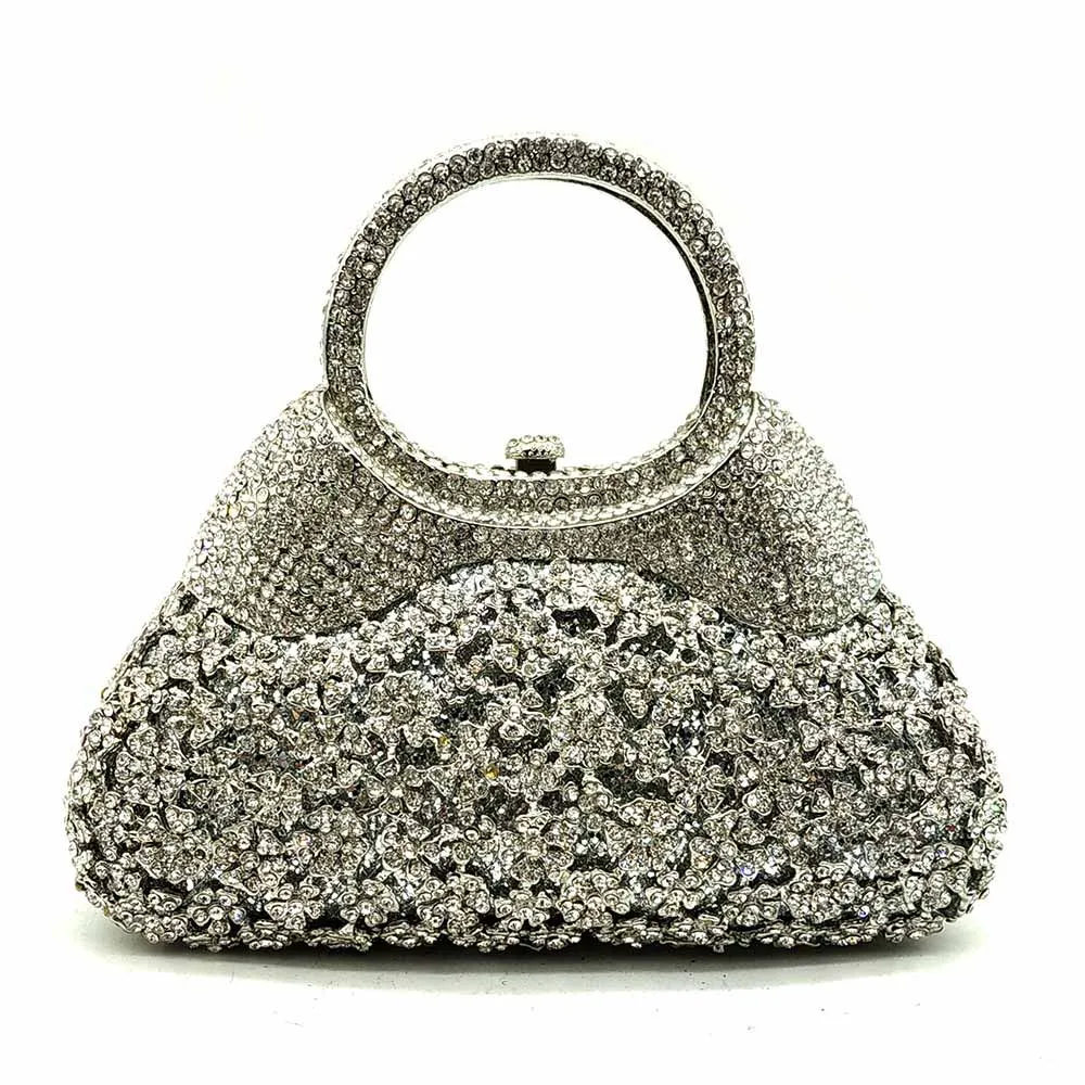 Boutique De FGG, золотой вечерний минодьер, женский клатч с кристаллами, сумочка с верхней ручкой, металлический бриллиант, свадебная сумка, вечерние сумочки для коктейлей - Цвет: Silver Crystal bag