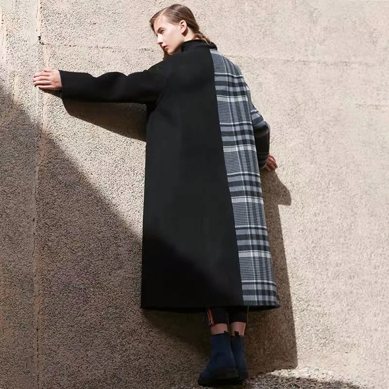 IRINAW150 2018 AW Collection v neck bleted oversized long plaid patchwork black handmade double faced 100% wool coat women | Женская