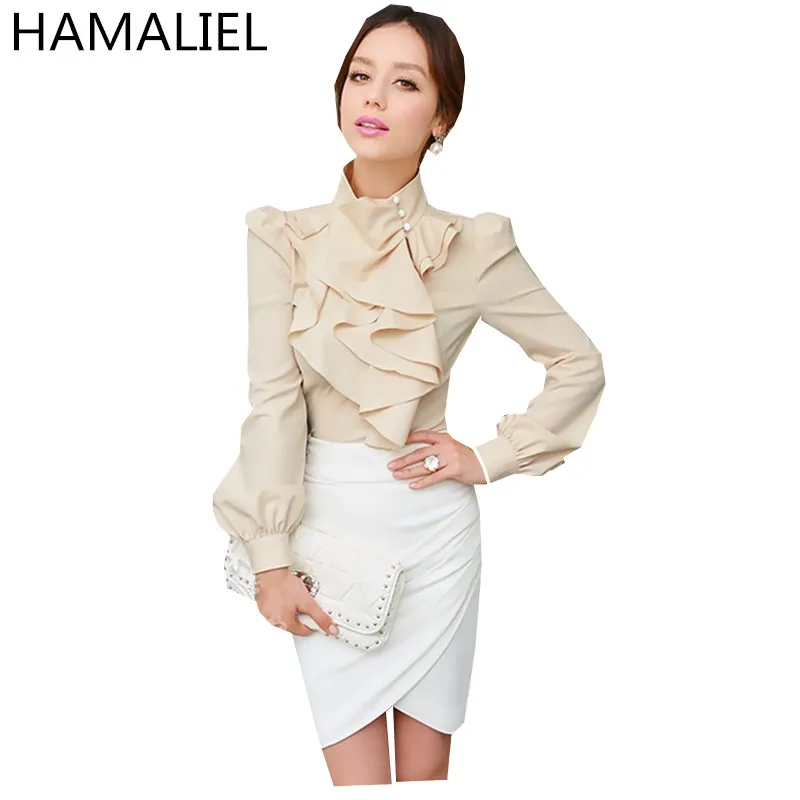 HAMALIEL/Модная весенняя женская рубашка топ 2018 однотонный воротник стойка с