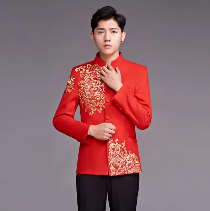 Red embroidery clothing for men groom suit stand collar Chinese tunic suit mens singer star style dance stage formal dress