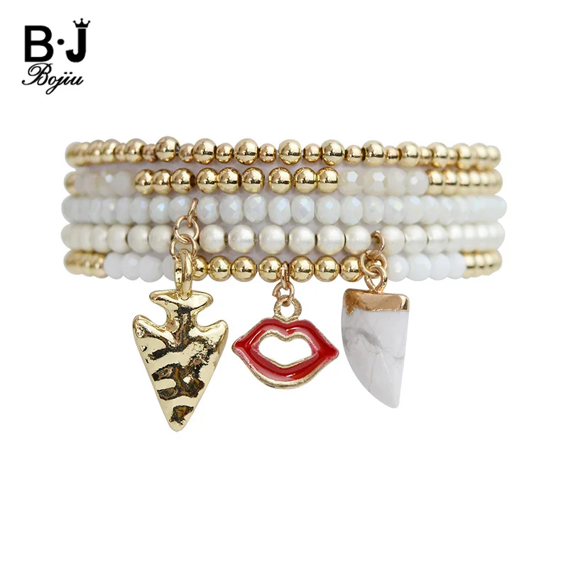 

BOJIU Trendy Gold Copper Crystal Bead Bracelets Set For Women Bohemia Arrow Mouth Triangle Charm Bracelet Femme Jewelry BCSET203