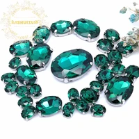 30pcs 5 sizes new mix malachite green oval size crystal glass sew on rhinestones silver bottom diy womens dresses and shoes