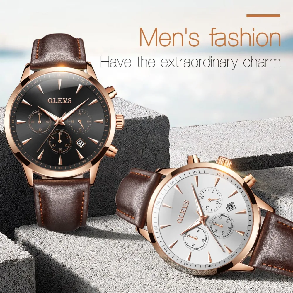 

OLEVS Men Watch Top Brand Luxury Male Leather Waterproof Sport Quartz Chronograph Military rose Wrist Watch Men Clock relogio