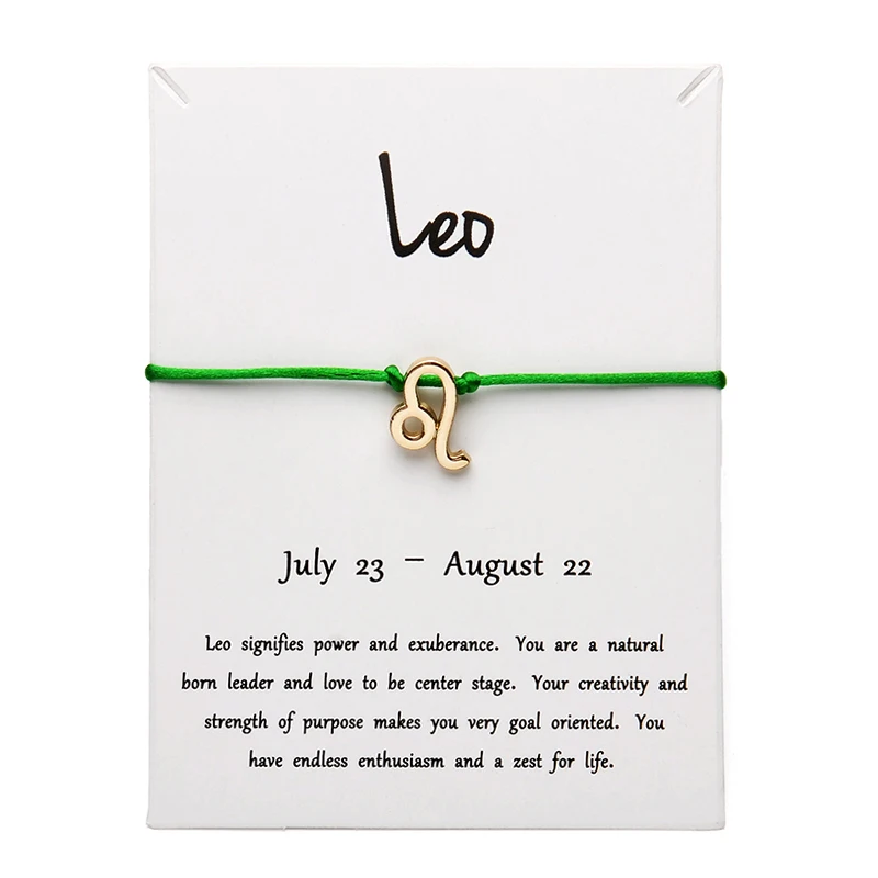 green gold Leo Белая карта Модные украшения 12 Созвездие Зодиак Лев счастливая веревка браслет браслеты для женщин аксессуары - Окраска металла: green gold Leo