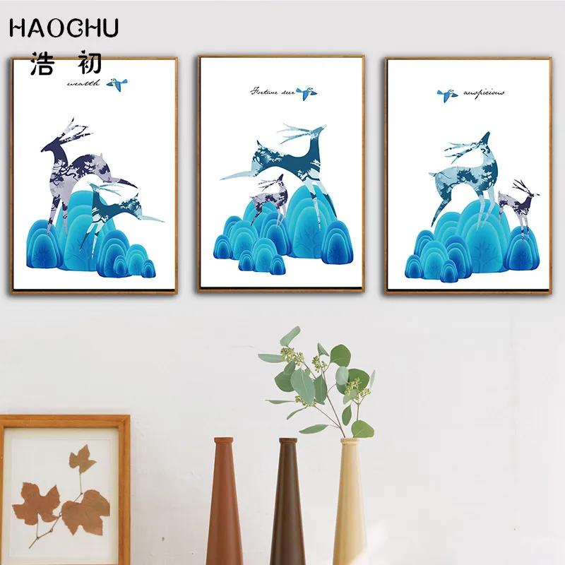 HAOCHU Европейский с голубым облаком и украшение Олень изображение Wall Art Deco