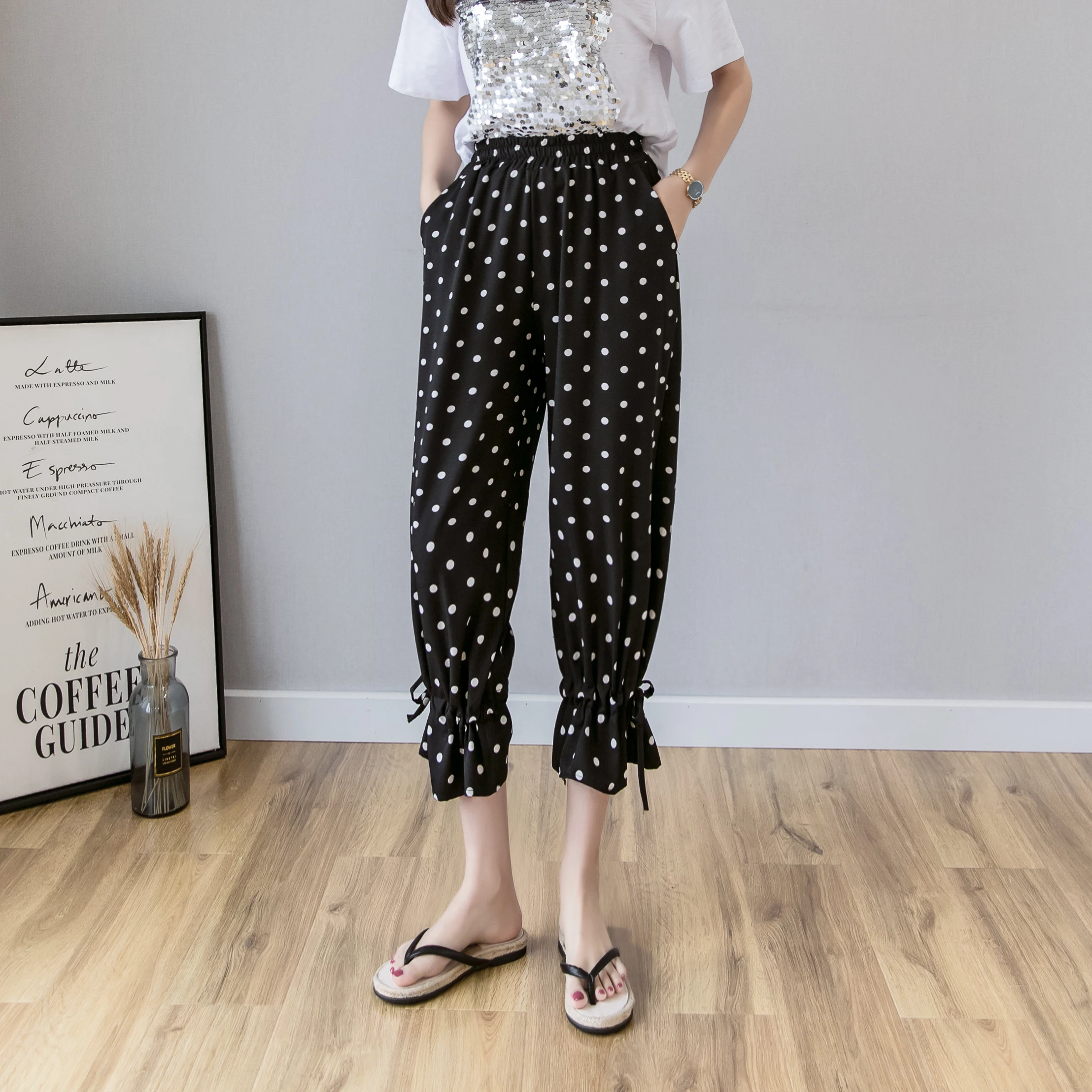 

New Summer Harem Pants Women Korean Striped Polka Dot Trousers Woman High Waist Ankle Length Pants Bell Bottom pantalones mujer
