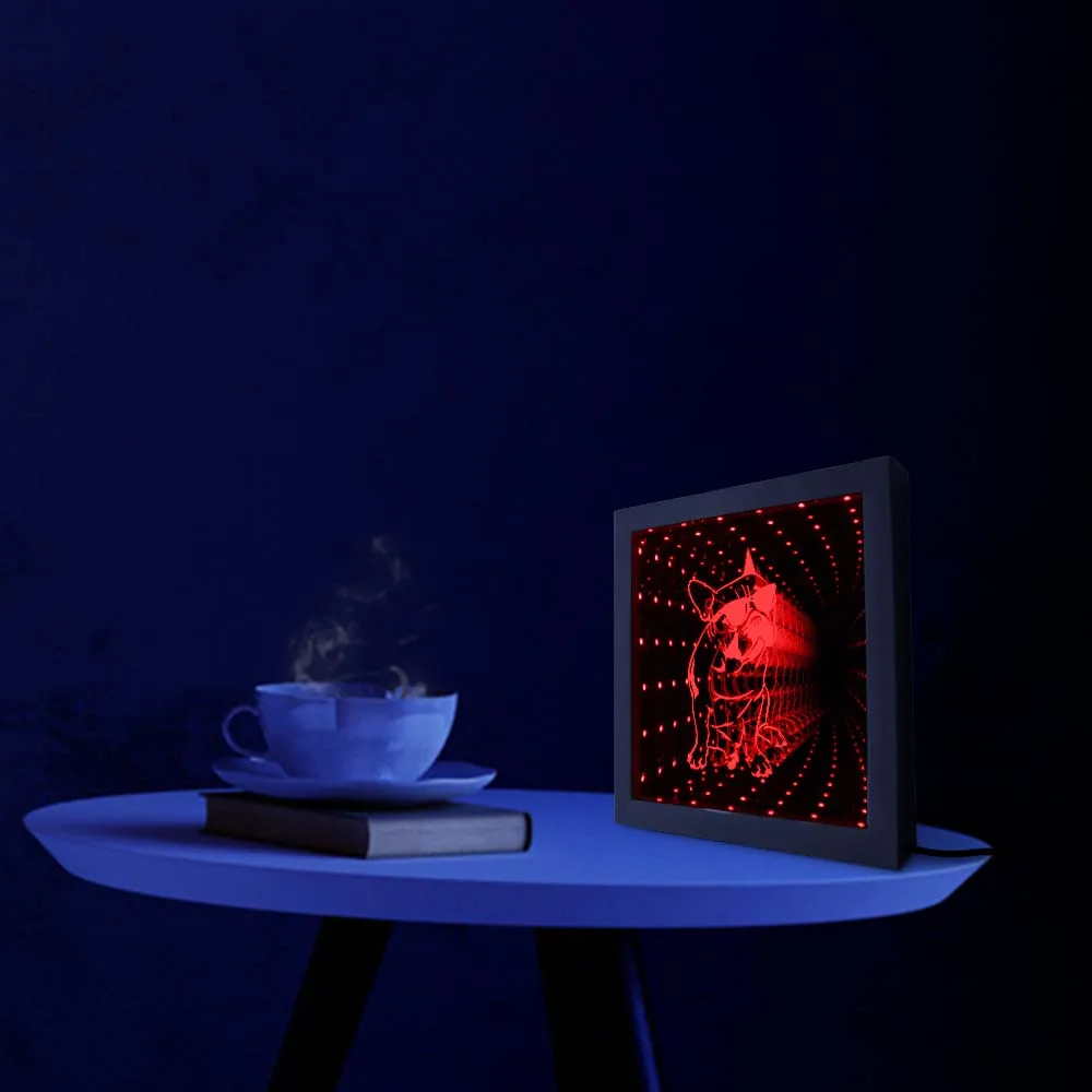 3D Французский бульдог светодиодный бесконечный зеркальный ночник для питомца