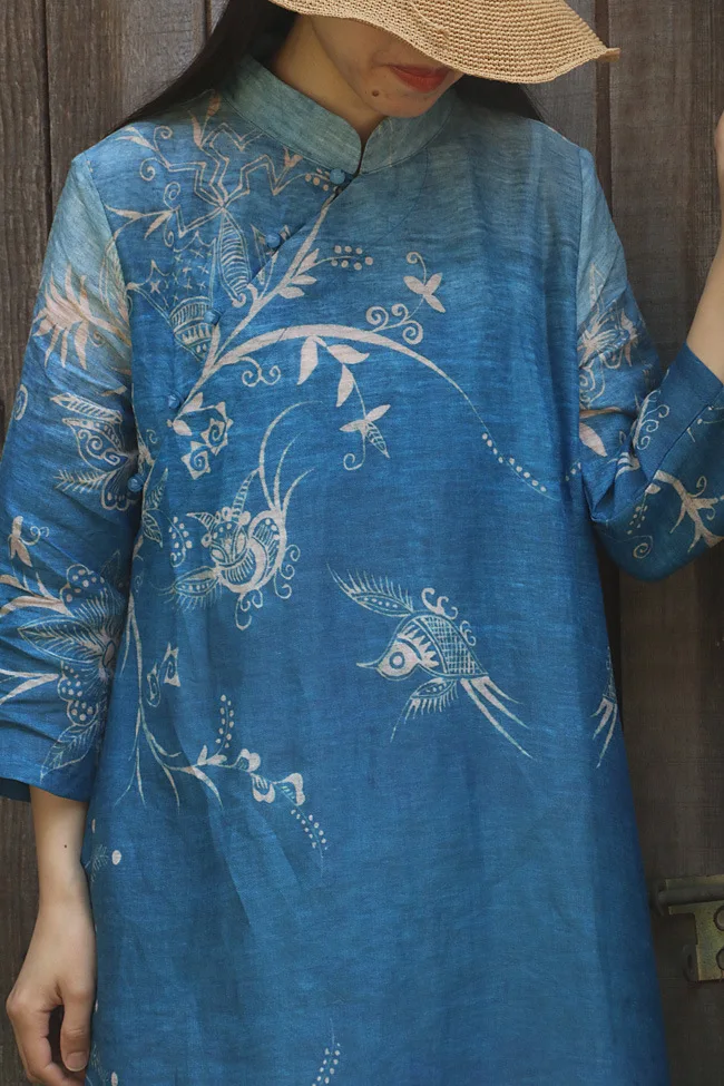 Summer High Quality Bird Print Deep Blue Pure Ramie Linen Dress Retro Stand Collar Three Quarter Sleeve Elegant Lady Robe | Женская