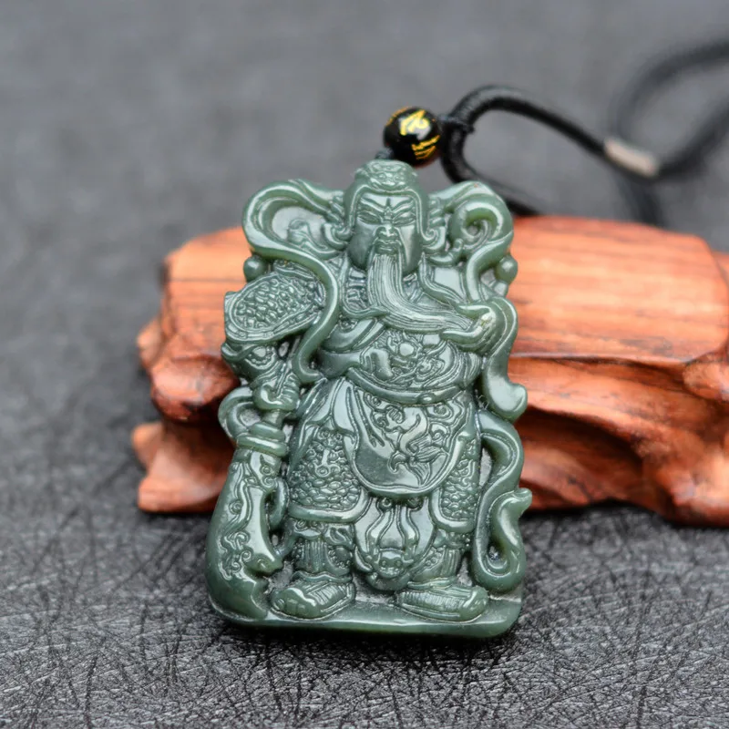 xinjiang Green HETIAN Jades Pendant Carved Chinese Wealth God Patron saint The Duke Guan Necklace | Украшения и аксессуары