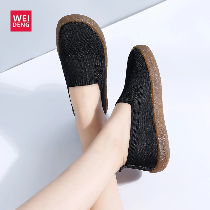

WeiDeng Women Flat Shoes Fly Original Espadrilles Slip On Shoes Air Mesh Round Toe Rubber Fishermans Loafers Breathable Fashion