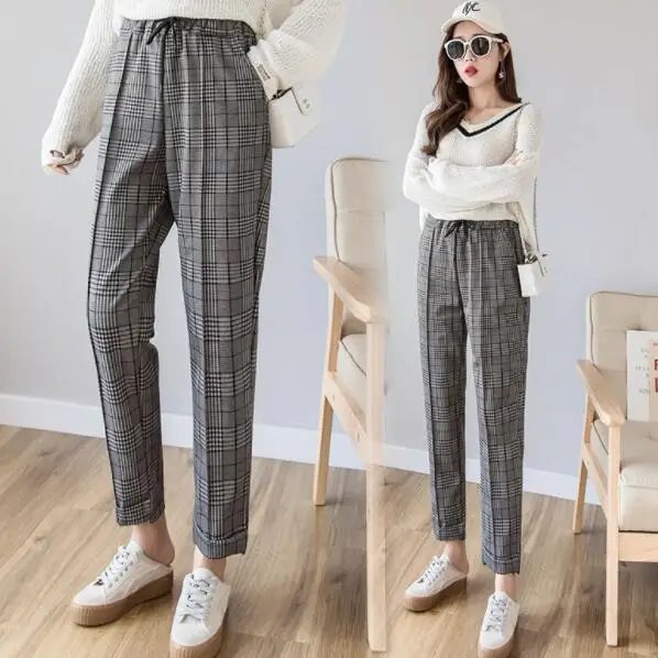 2019 новые женские клетчатые гаремные брюки летние резинка на талии тонкие длинные