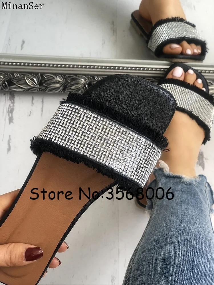 Summer Rhinestone Fringed Hemp Slippers Open Toe Cute Lady Slides Crystal Canvas Woman Flip-flops Shoes Slip-on Flats | Обувь
