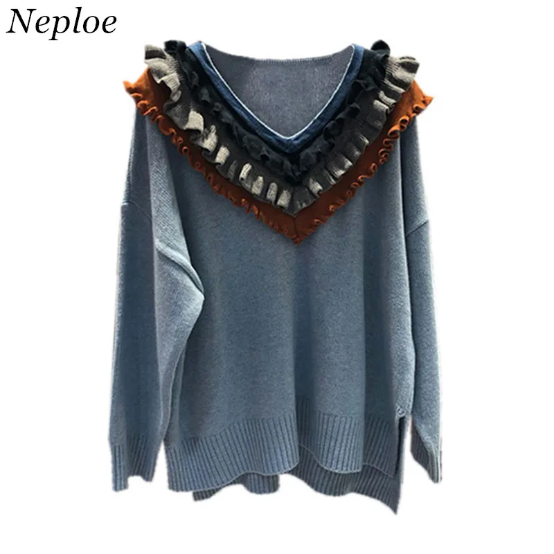 Neploe Ruffles Patchwork Split Women Sweater Casual Loose Fashion Female Top 2018 Autumn Winter New V-Neck Sueter Mujer 69164 | Женская