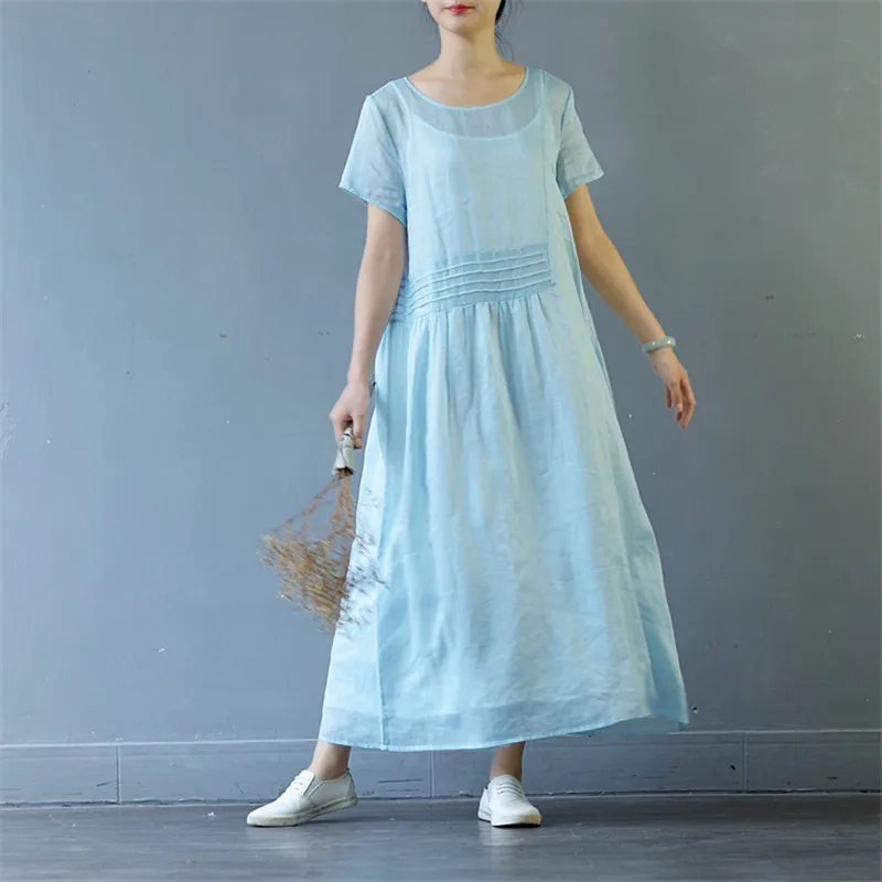 Женское платье с коротким рукавом SCUWLINEN Vestidos винтажное тонкое длинное из 100%