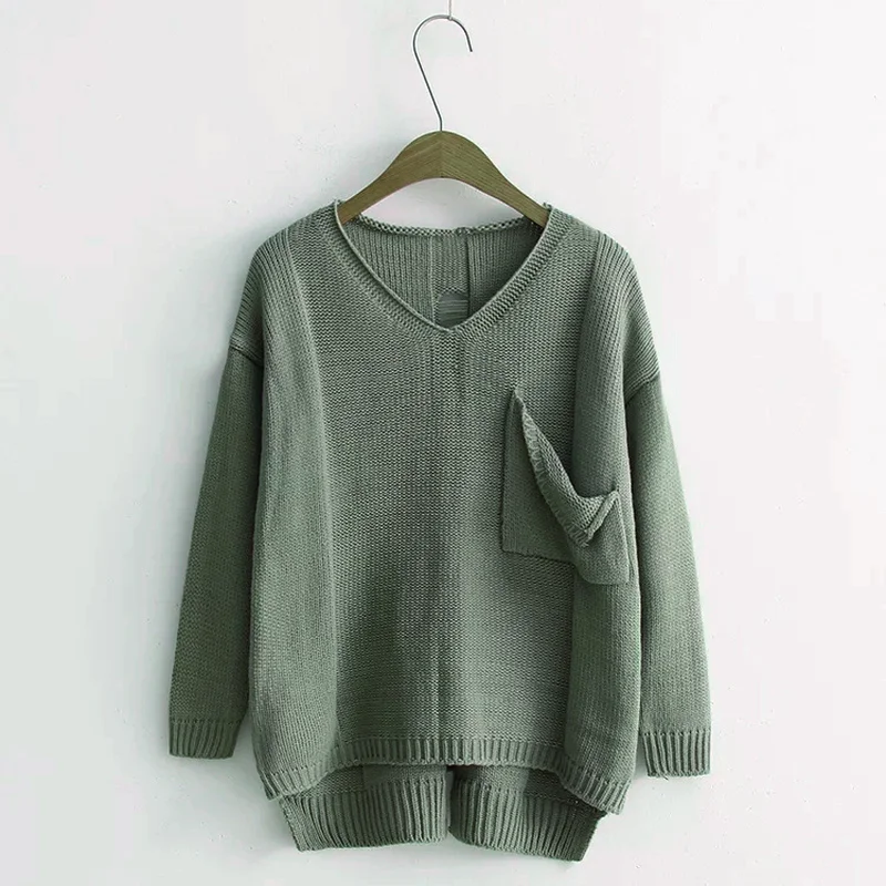 Casual V-neck Knitted Sweater Women Autumn Sweaters Pullover Female Pocket Side Split Jumper Pullovers | Женская одежда