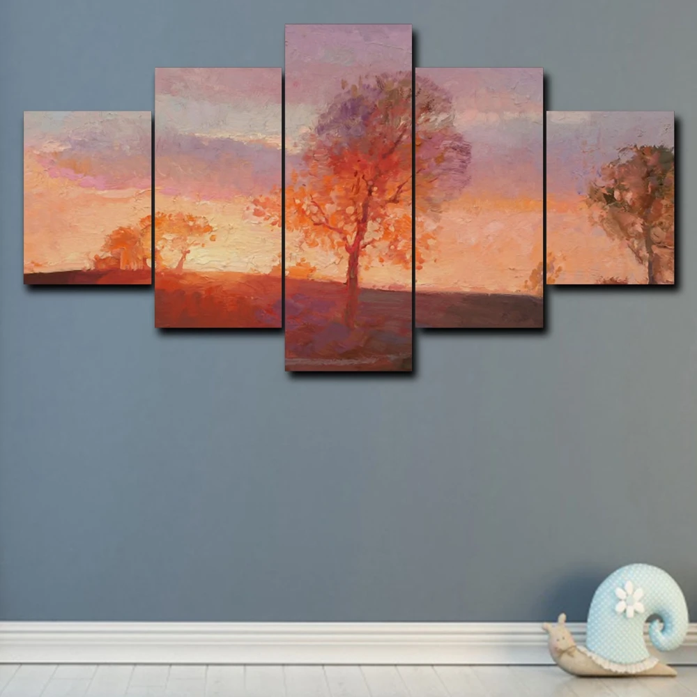 Laeacco Canvas Calligraphy Painting 5 Panel Sunrise Tree Posters And Prints Wall Art Pictures for Living Room Home Decor | Дом и сад