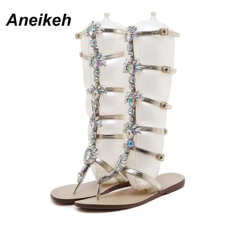 Aneikeh/Сапоги до колена обувь с пряжкой buckle Strap Flats открытые ботинки с ремешками в стиле «Гладиатор»; сезон лето; стразы; женские ботинки Женская обувь в богемном стиле Стиль с украшением в виде кристаллов Пляжная обувь - Цвет: golden