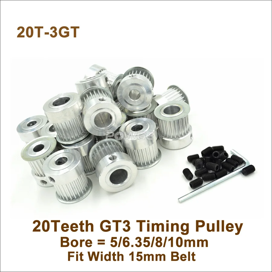 POWGE 50 шт. 20 зубцов 3GT синхронный шкив Диаметр 5/6.35/8/10 мм подходит для W = 15 ремень T