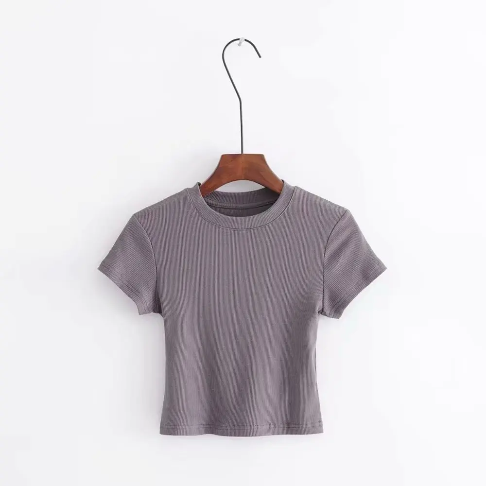 Летняя рубашка винтажный Топ футболка Женская Базовая кроп-футболка в рубчик
