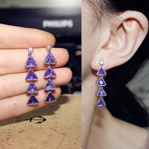 Fashion Shining Small Triangle Long Tassel Drop Earrings Yellow Purple Cubic Zirconia Dangle For Women Party Jewelry | Украшения и