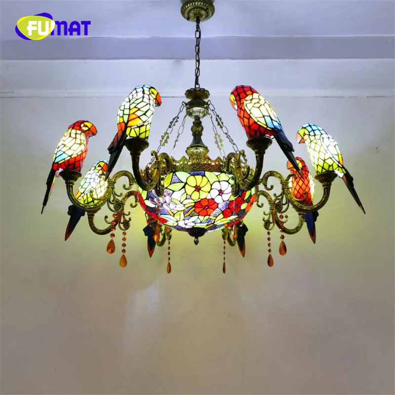 FUMAT люстры Tiffany светодиодный витраж Parrot E27 Hanglamp цветок орхидеи роскошный подвесной светильник Лофт Декор лампа