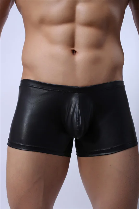 

Sexy Men Underwear Black Faux Leather Boxer Shorts Man Soft U Convex Pouch Mid-waist Underpants ropa interior hombre S-L