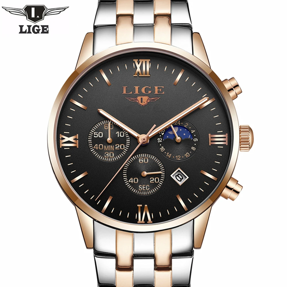 Топ люксовый бренд Мужские часы 2020 LIGE zegarek moon phase стальные мужские бизнес Модные