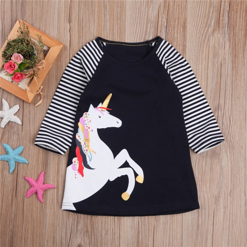 2018 New Fashion Design Princess Kids Baby Girls Long Sleeve Dress Unicorn Striped Clubwear Party Casual Dresses Vestidos | Детская