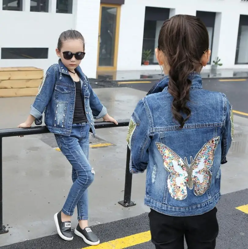Girl Sequin lace denim jacket children outerwear Kids coat for 3-10 years Clothes spring autumn Baby girls jeans bling clothing | Детская