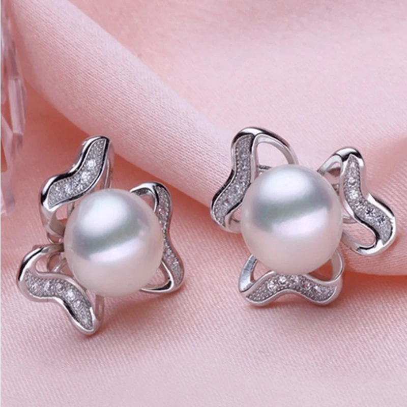 New Natural Freshwater 9-10mm Big Pearl with 925 Sterling Silver &amp Rhinestone Stud Earrings for women pearls jewelry | Украшения и