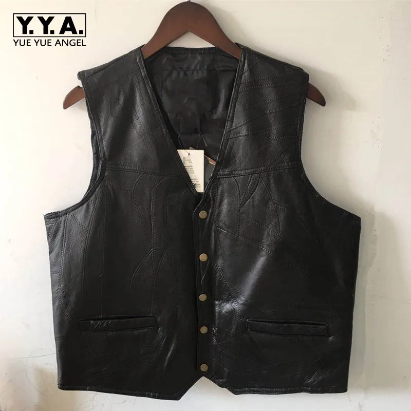 

Spring Autumn Men Sleeveless V-Neck Single Breasted Leather Vests Straight Casual Fashion Plus Size 5XL Male Windproof Waistcoat