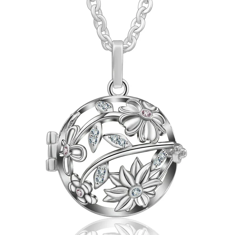 cage necklace EUDORA 18 мм CZ цветок Хризантема дизайн клетка гармония шар кулон ожерелье с колокольчиком звук гармония Бола Беременность мяч K262 - Окраска металла: cage necklace