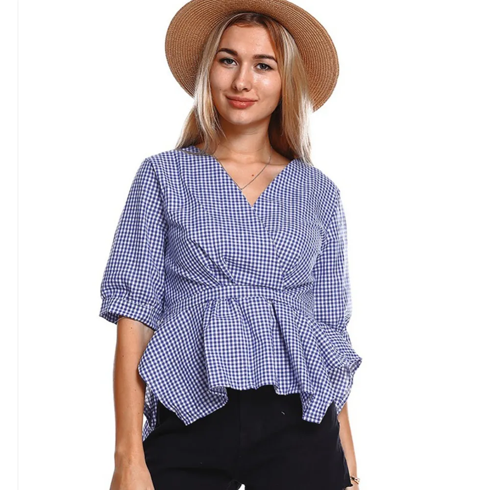 Roiii плед Топы 2018 новый летний Для женщин рубашки Половина рукавом Slim Fit Блузка